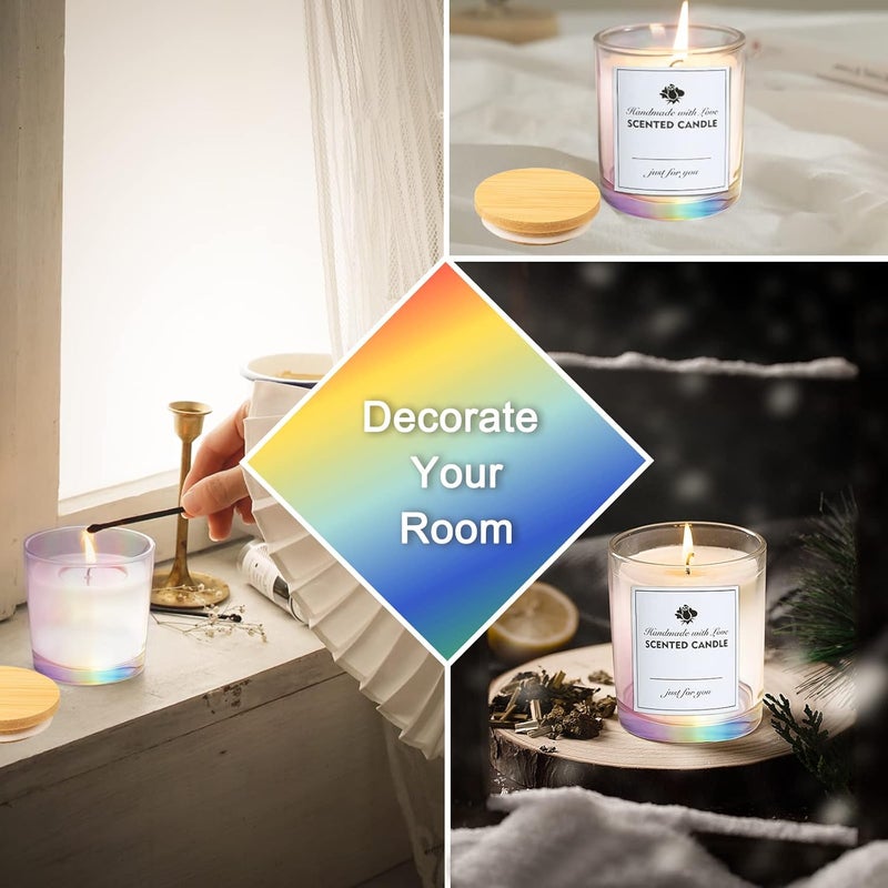 CONNOO 12 Pack 10 OZ Iridescent Glass Candle Jars for Making Candles with Airtight Bamboo Lids Nice Sticky Warning Labels for Candle Making Empty Container Bulk - Dishwasher Safe - Image 5
